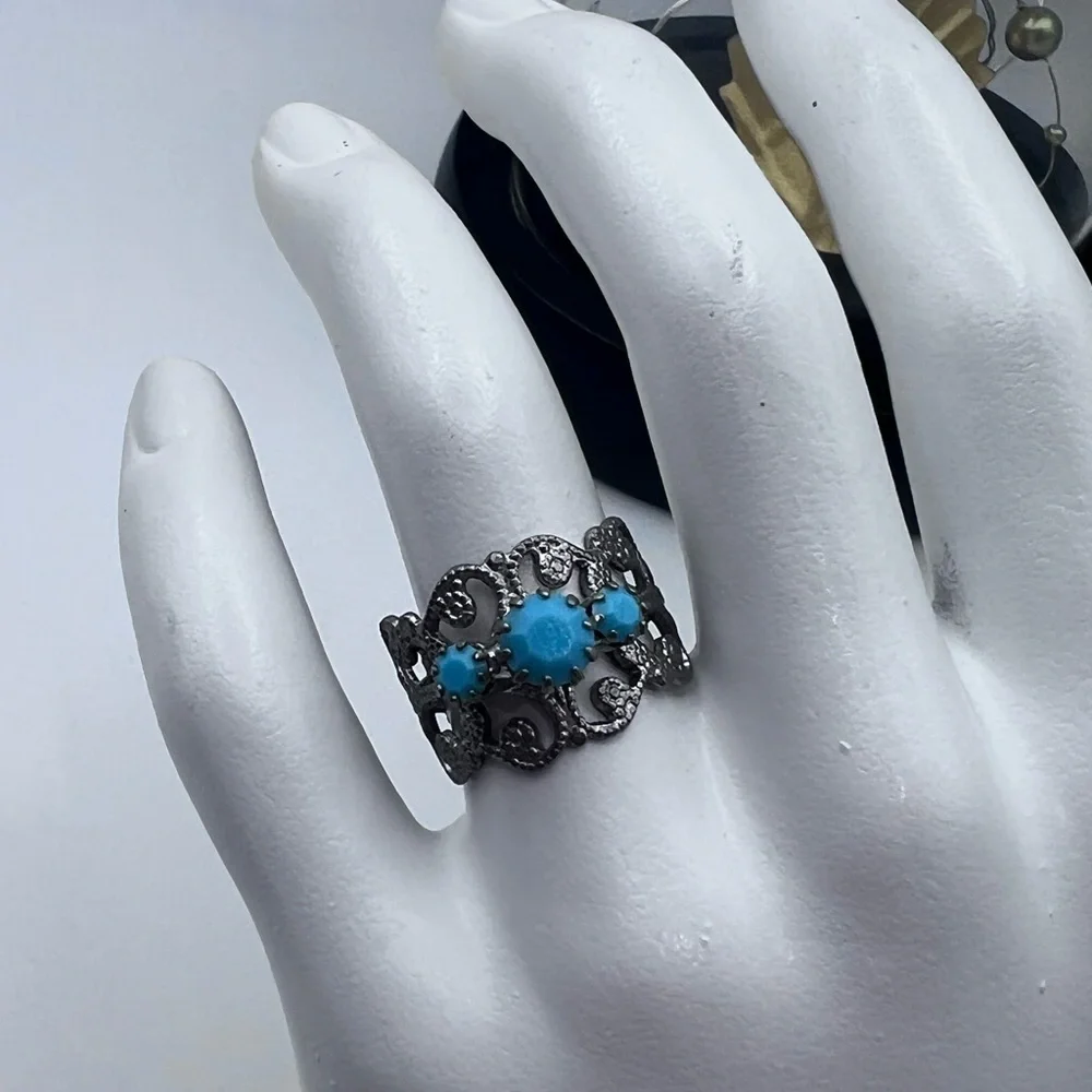 5/$25 Boho Filigree Adjustable Ring - Black Metal & Blue Accents